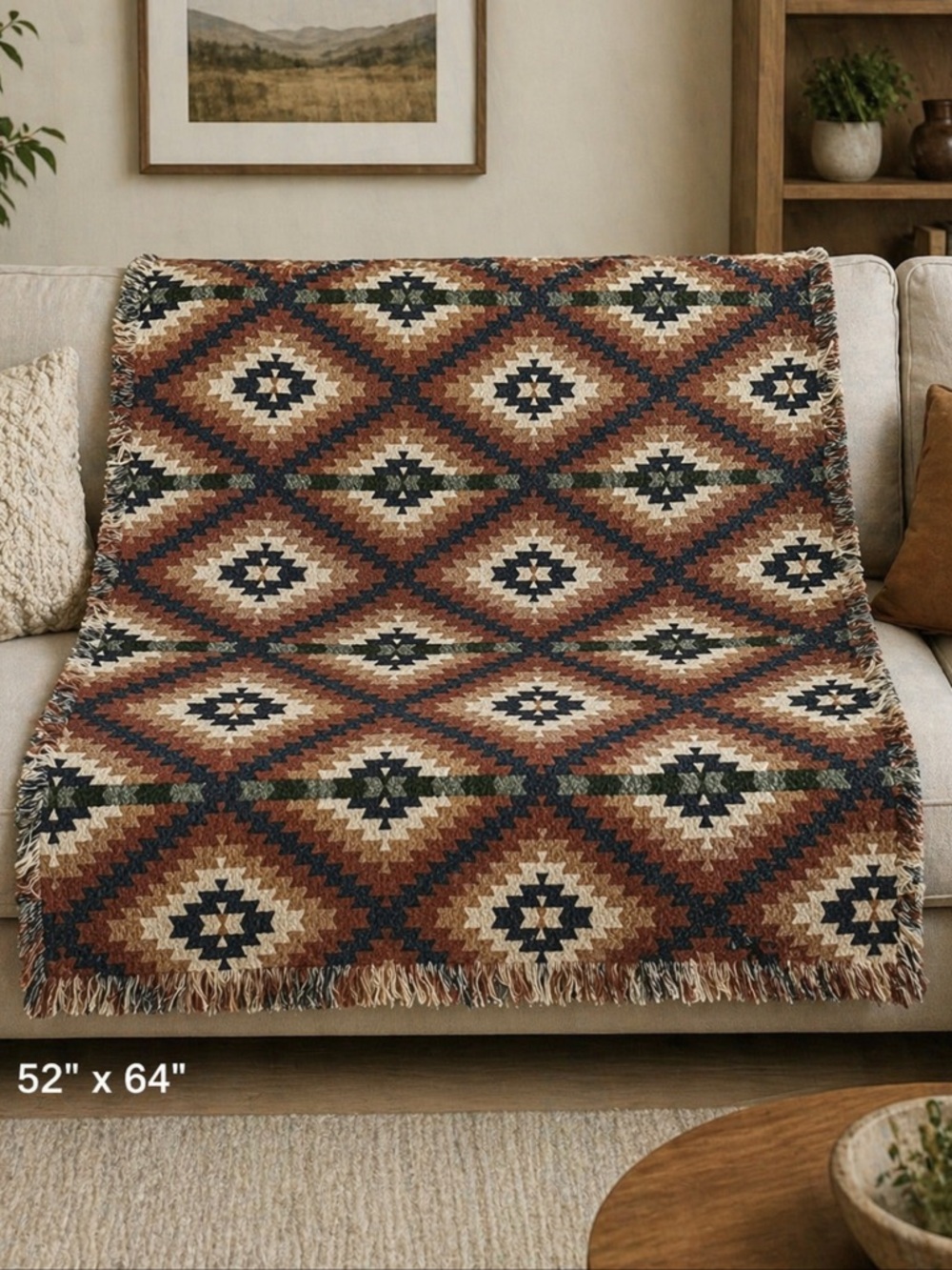 Aztec Geometric pattern woven Throw Blanket Tan Navy Rust Cotton 52x64 NEW